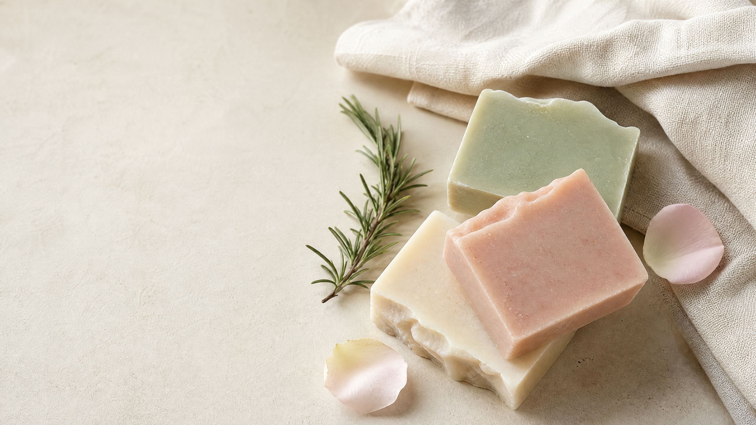 Unbranded artisan soap arranged with rosemary and linen