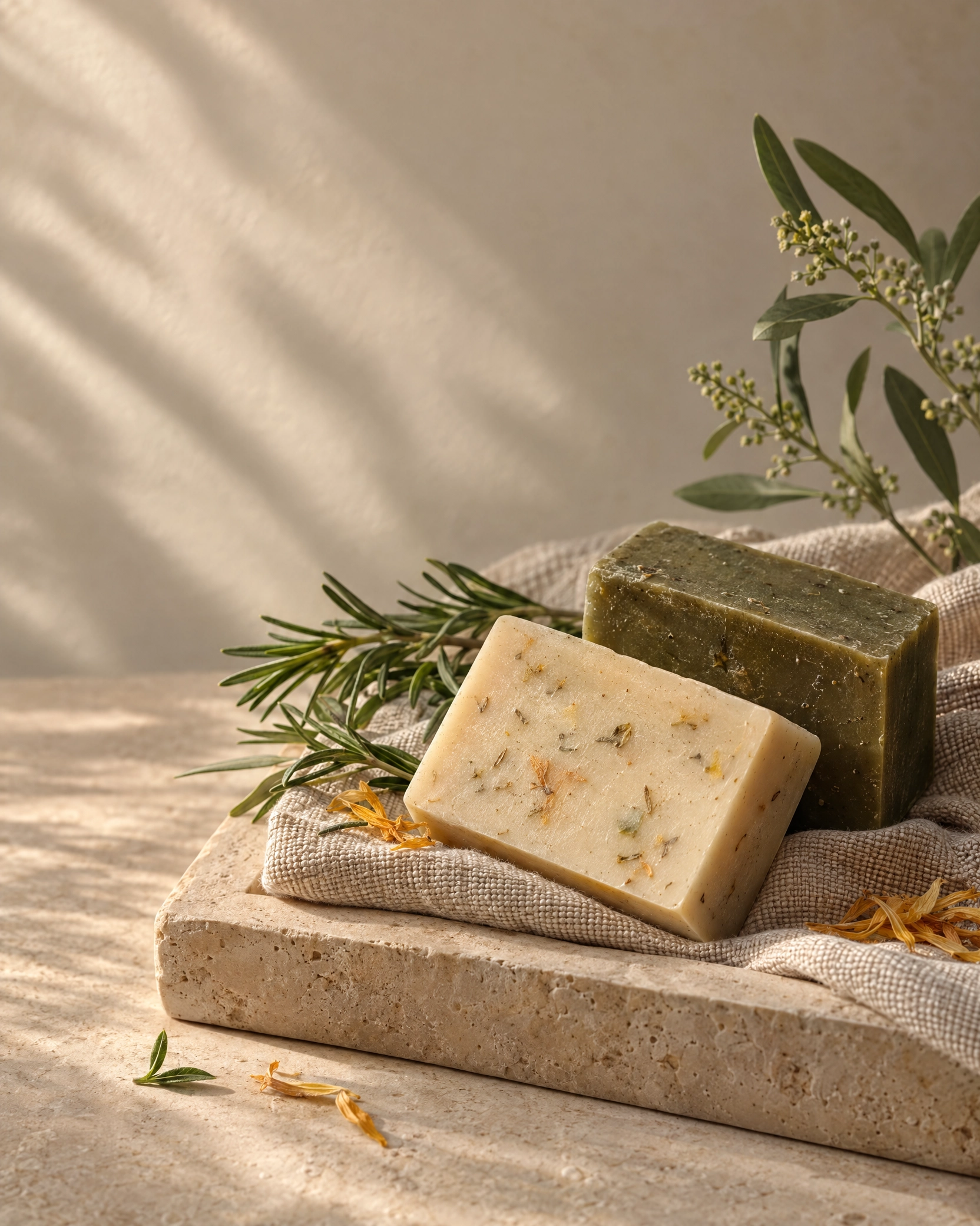 Handmade botanical soap bars resting with rosemary, linen, and garden flowers